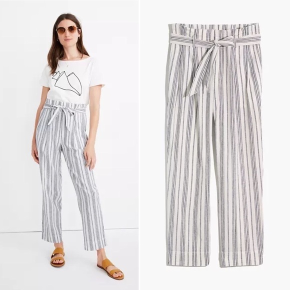 Madewell || Paperbag Waist Pants Belted Baltic Stripe Linen Blend White 16 - Picture 1 of 10